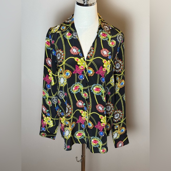 L’Agence Nina Jewel Printed Blouse In Black Multi Jewels 100% silk - Picture 1 of 7